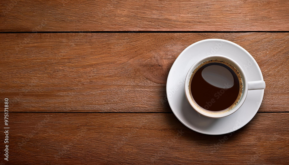 Cup of coffee on a wood table background. Top view with copy space Cup of coffee on a wood table background. Top view with copy space