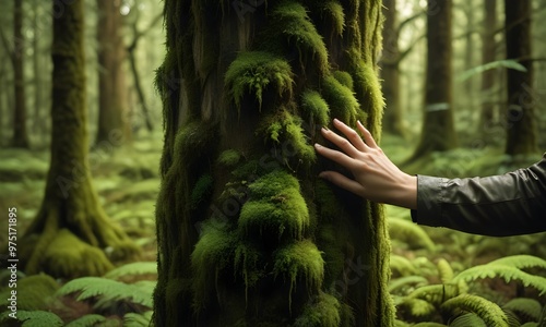 A hand touching the moss-covered bark of a tree in a lush, green forest