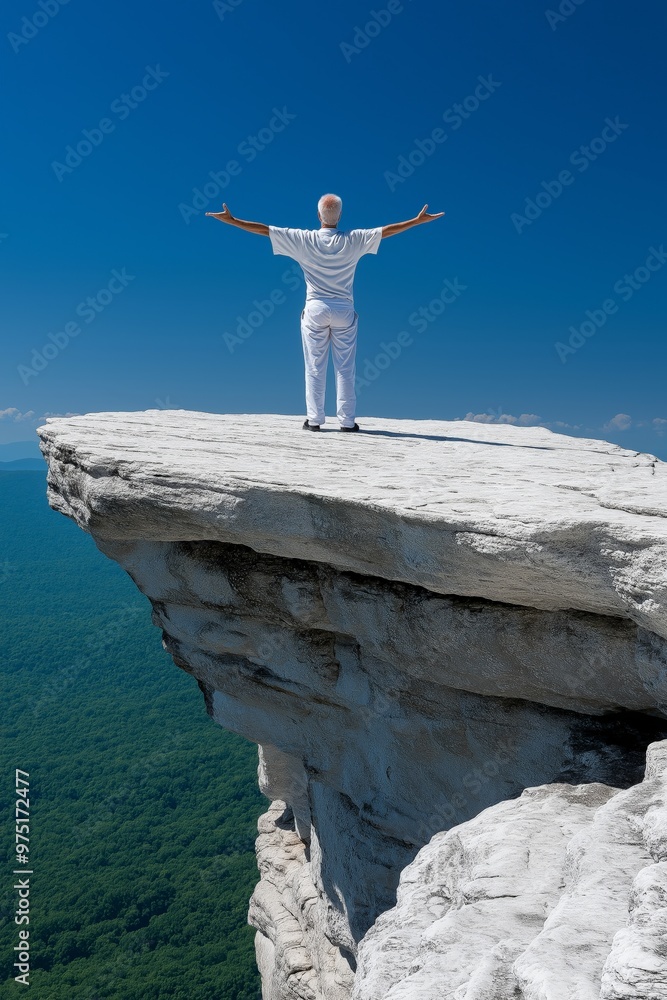 Tai Chi practitioner mountain peak performing calm meditative movements overlooking panoramic landscape. AI generated Tai Chi practitioner mountain peak performing calm meditative movements overlooking panoramic landscape. AI generated