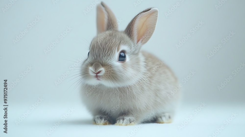 A small, brown rabbit with big ears sits on a white background, looking up with its nose twitching. A small, brown rabbit with big ears sits on a white background, looking up with its nose twitching.