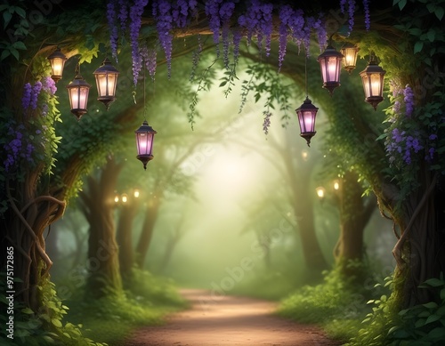 A magical forest path with a glowing archway