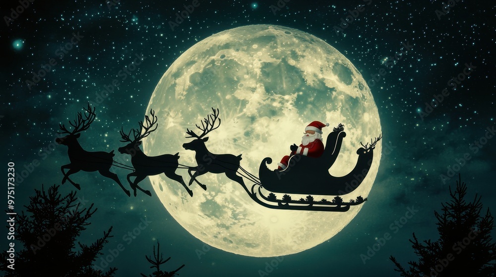 Naklejka premium Santa Claus Flying Through The Night Sky With Reindeer In Front Of Full Moon