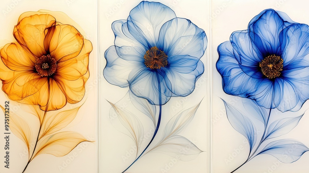 Obraz premium Abstract Watercolor Floral Art Blue Yellow White Flowers