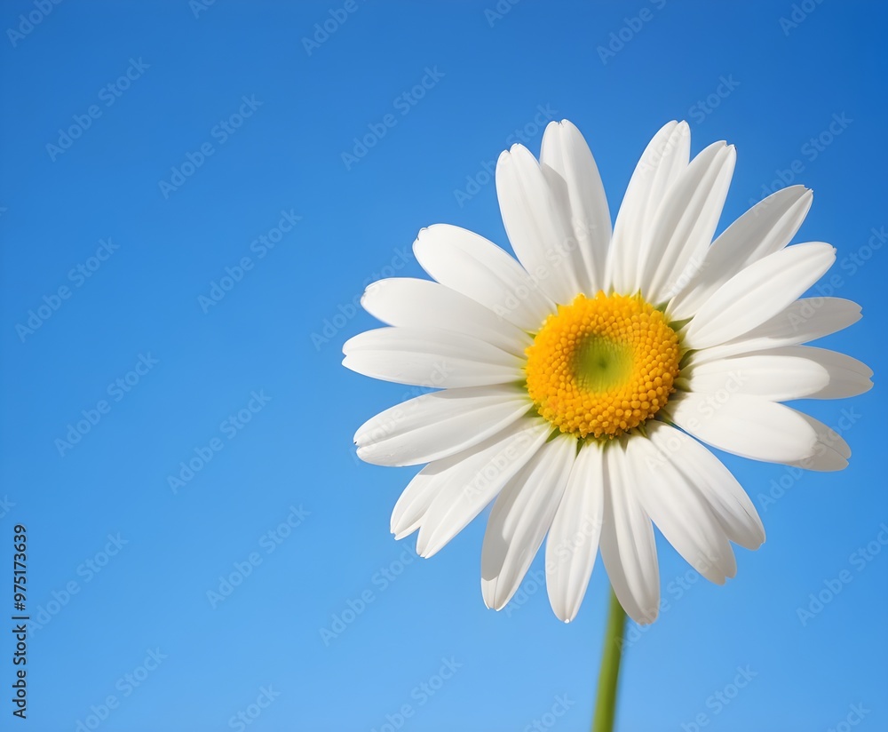 A white daisy flower with yellow center against a clear blue sky A white daisy flower with yellow center against a clear blue sky