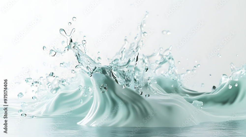 29. **A 3D model of a water splash in soft pastel blues and greens, with gentle droplets, set against a clean white backdrop 29. **A 3D model of a water splash in soft pastel blues and greens, with gentle droplets, set against a clean white backdrop
