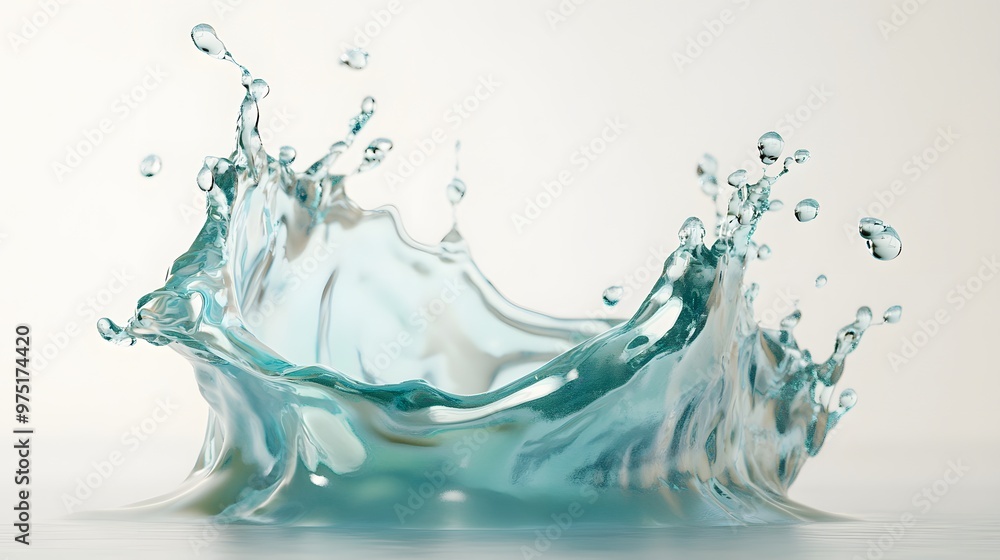 29. **A 3D model of a water splash in soft pastel blues and greens, with gentle droplets, set against a clean white backdrop 29. **A 3D model of a water splash in soft pastel blues and greens, with gentle droplets, set against a clean white backdrop