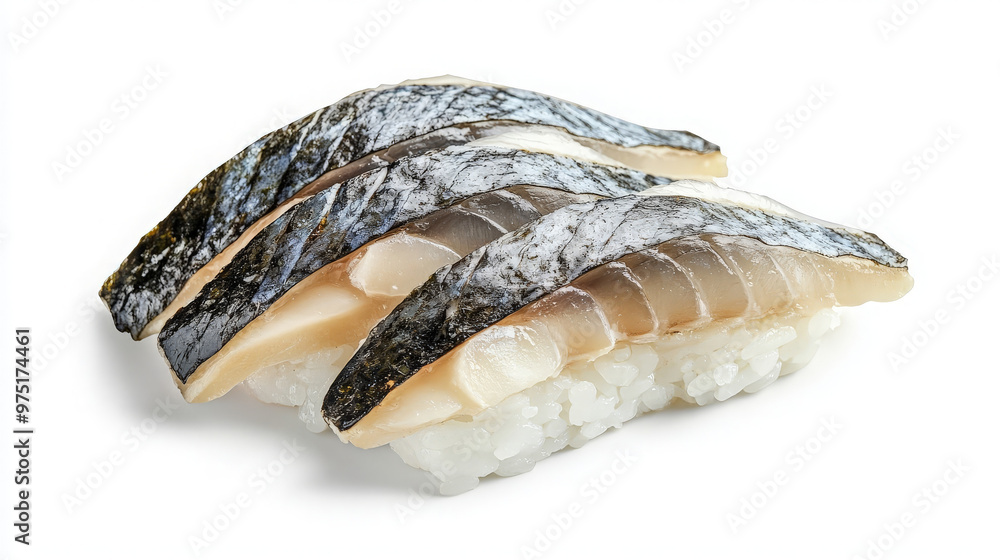 Three pieces of sushi with mackerel on top, isolated on white background. Three pieces of sushi with mackerel on top, isolated on white background.