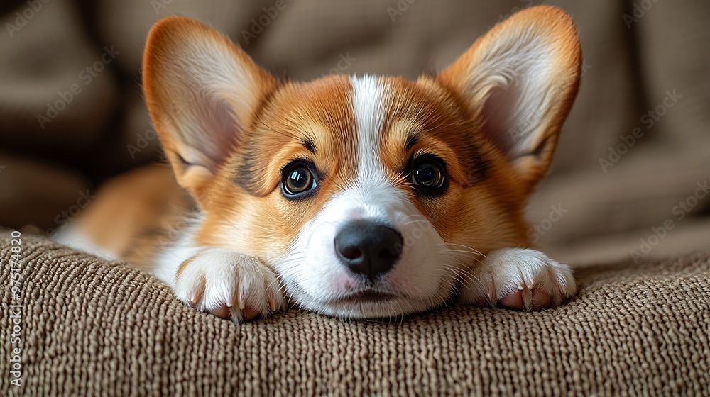 Adorable corgi puppy with big brown eyes resting its paws on a brown couch. Adorable corgi puppy with big brown eyes resting its paws on a brown couch.