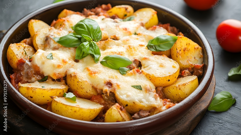 Potatoes with meat and mozzarella cheese , Generative AI Potatoes with meat and mozzarella cheese , Generative AI