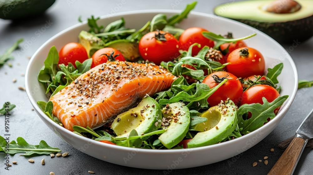 Delicious Salmon Salad with Avocado Cherry Tomatoes and Arugula Delicious Salmon Salad with Avocado Cherry Tomatoes and Arugula