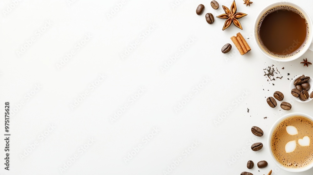 Obraz premium Coffee Latte Art Coffee Beans Cinnamon Star Anise White Background