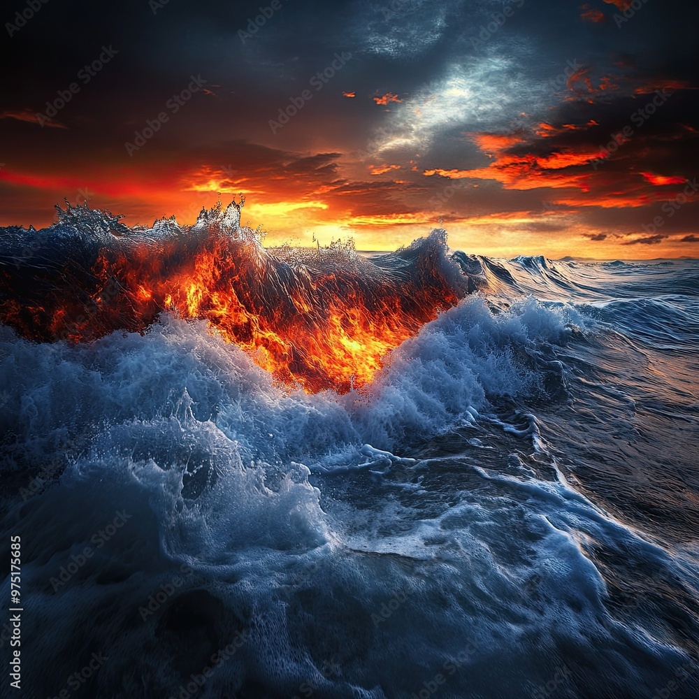 Fototapeta premium Dramatic Ocean Waves at Sunset with Fiery Sky