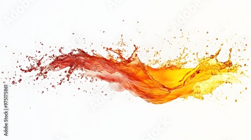 26. **A 3D model of a water splash with a blend of red and yellow hues, creating a fiery effect, isolated on a clean white backdrop