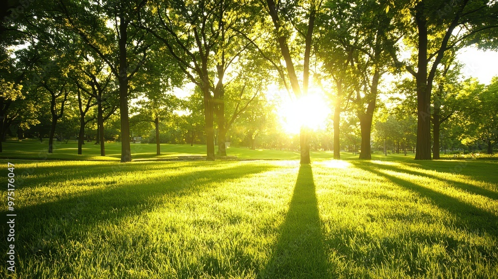 Obraz premium Sunbeams Through Trees In Park Landscape