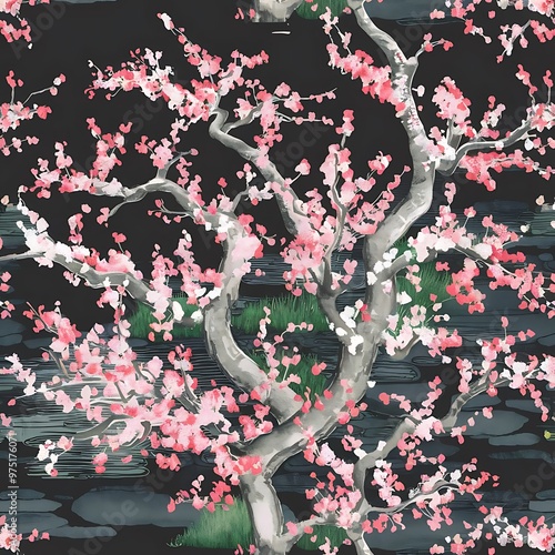 Watercolor spring blooming cherry tree branches seamless pattern, hand painted on a dark background
