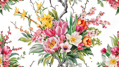 Watercolor spring floral bouquets, branches and leaves seamless pattern, hand painted on a white background