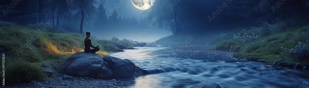 Naklejka premium A gentle stream flowing under the moons glow, with a meditator sitting on the riverbank, connecting with the calm energy of the night