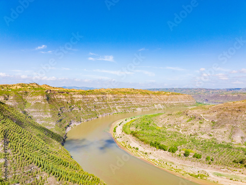 Sunny summer day in the Yellow River Snake Bend Geological Park in Yonghe, Linfen, Shanxi