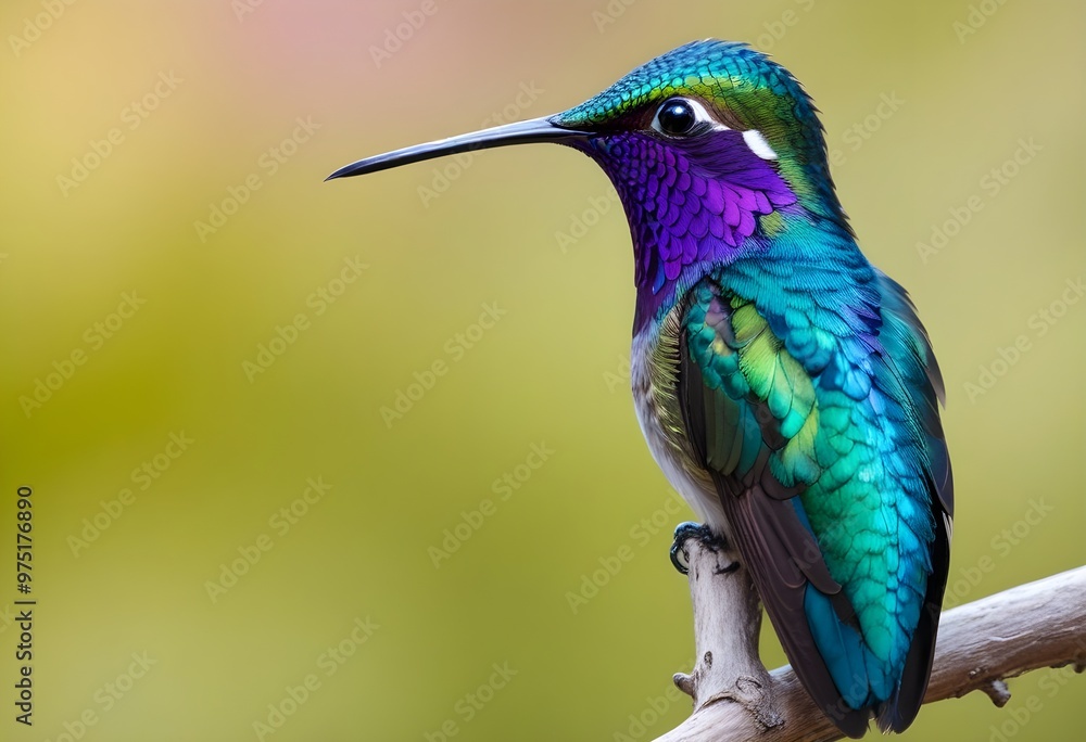 Fototapeta premium A vibrant hummingbird perched on a branch, with feathers and a sharp beak