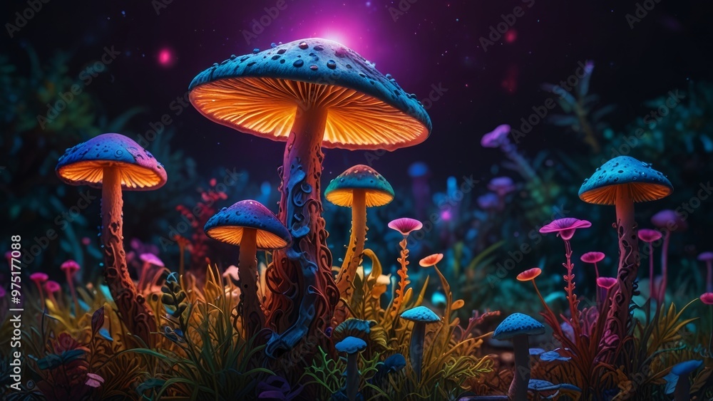 Fototapeta premium Psychedelic background with fluorescent paints and magic mushrooms, perfect for psy-trance