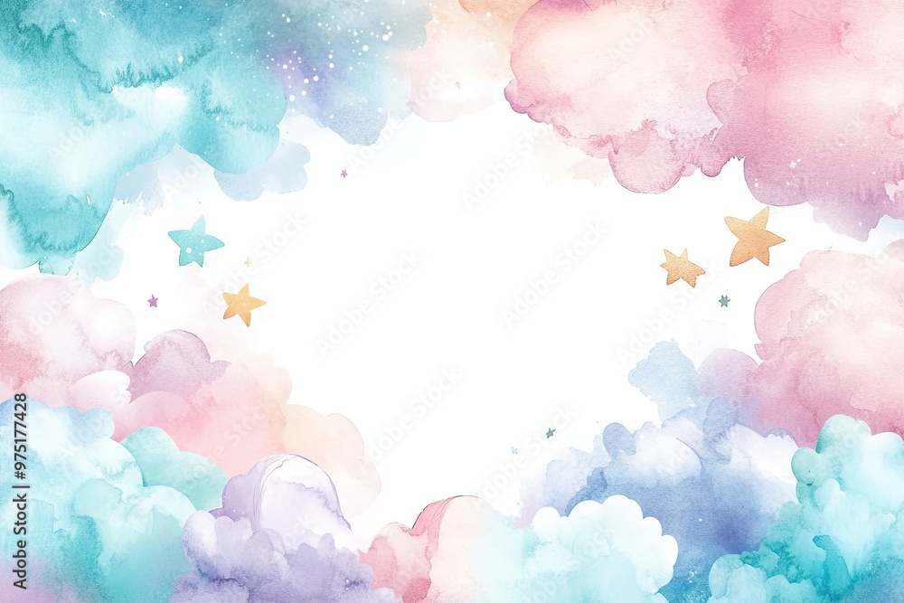 Whimsical Watercolor Sky with Pastel Clouds and Golden Stars - Dreamy Background Illustration Whimsical Watercolor Sky with Pastel Clouds and Golden Stars - Dreamy Background Illustration