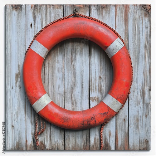 Bright Red Lifebuoy Against Weathered Wood Background