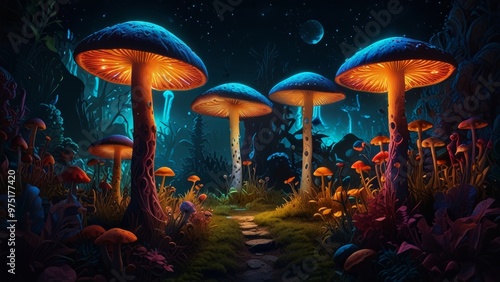 Psychedelic background with fluorescent paints and magic mushrooms, perfect for psy-trance