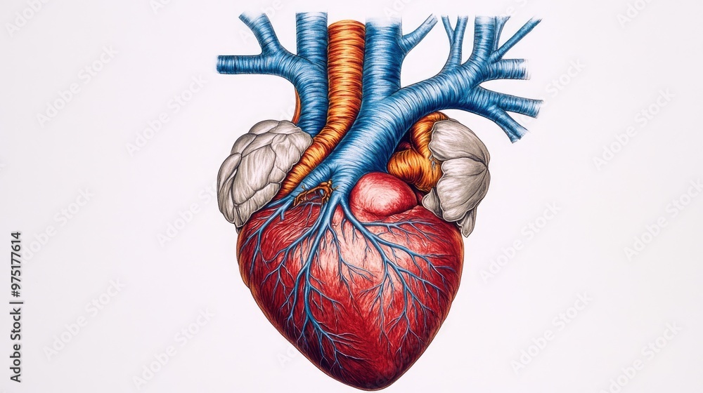 Naklejka premium Detailed Anatomical Illustration of the Human Heart with Arteries and Veins on a White Background