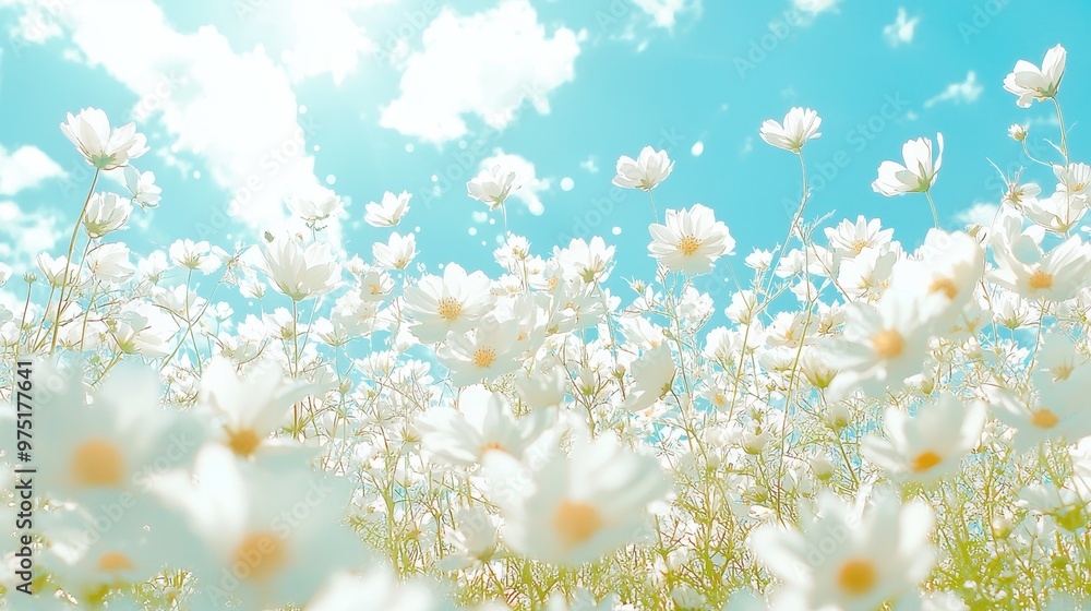 White Cosmos Flowers Against Blue Sky with Clouds White Cosmos Flowers Against Blue Sky with Clouds