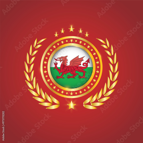 Golden Stamp With Flag. Wales Flag Stamp. Made in Stamp Isolated in White Background. Royal, Allegiance, Symbol, Vector, Icon, Illustration.