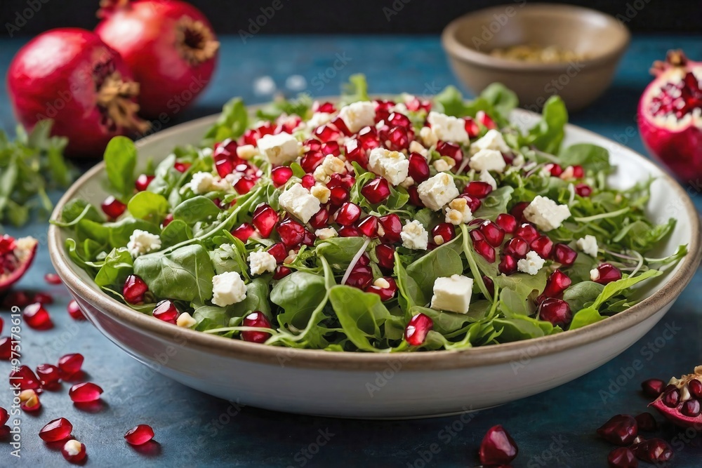 Pomegranate Salad: A white plate with mixed greens, feta cheese crumbles, and scattered pomegranate seeds Pomegranate Salad: A white plate with mixed greens, feta cheese crumbles, and scattered pomegranate seeds