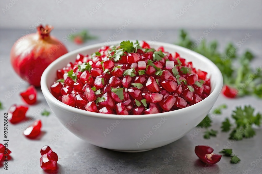 Pomegranate Salsa: A small white bowl filled with pomegranate salsa, with visible chunks of red onion and cilantro, centered on a plain white background. Pomegranate Salsa: A small white bowl filled with pomegranate salsa, with visible chunks of red onion and cilantro, centered on a plain white background.
