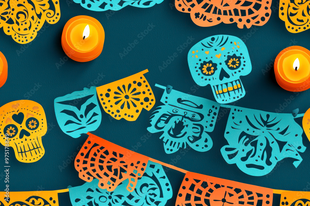 Day of the Dead papel picado paper cut flags with Dia de los Muertos ...