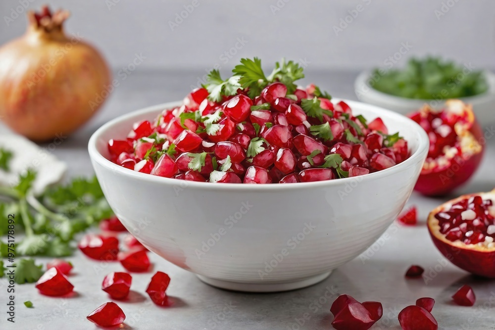 Pomegranate Salsa: A small white bowl filled with pomegranate salsa, with visible chunks of red onion and cilantro, centered on a plain white background. Pomegranate Salsa: A small white bowl filled with pomegranate salsa, with visible chunks of red onion and cilantro, centered on a plain white background.