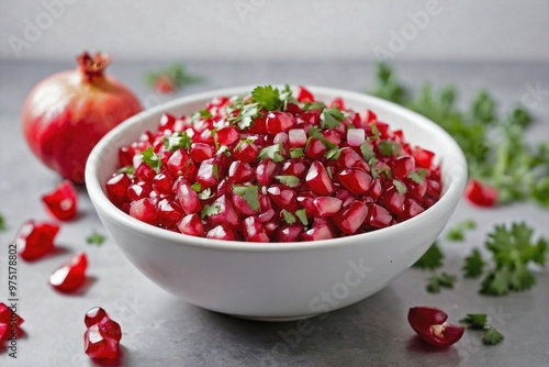 Pomegranate Salsa: A small white bowl filled with pomegranate salsa, with visible chunks of red onion and cilantro, centered on a plain white background.