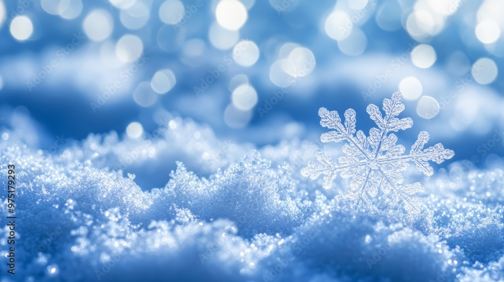 Close-up of snowflake on sparkling snow, winter wonderland concept Close-up of snowflake on sparkling snow, winter wonderland concept