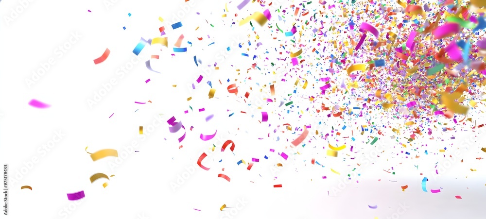 10. **A 3D scene featuring a burst of colorful confetti and streamers with a shimmering effect, isolated on a clean white backdrop 10. **A 3D scene featuring a burst of colorful confetti and streamers with a shimmering effect, isolated on a clean white backdrop