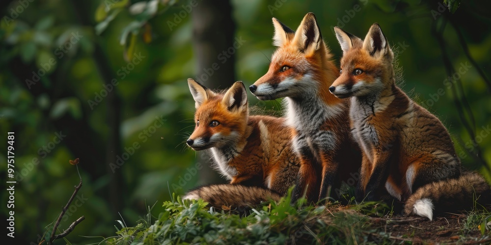 Naklejka premium Three young foxes keeping an eye on their mother