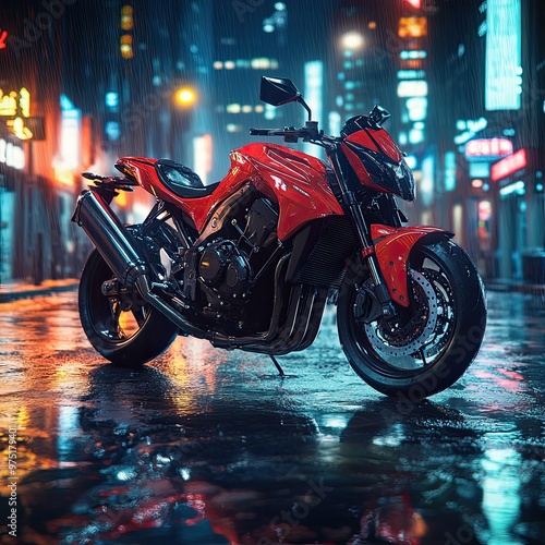 Vibrant Red Motorcycle in Urban Night Scene