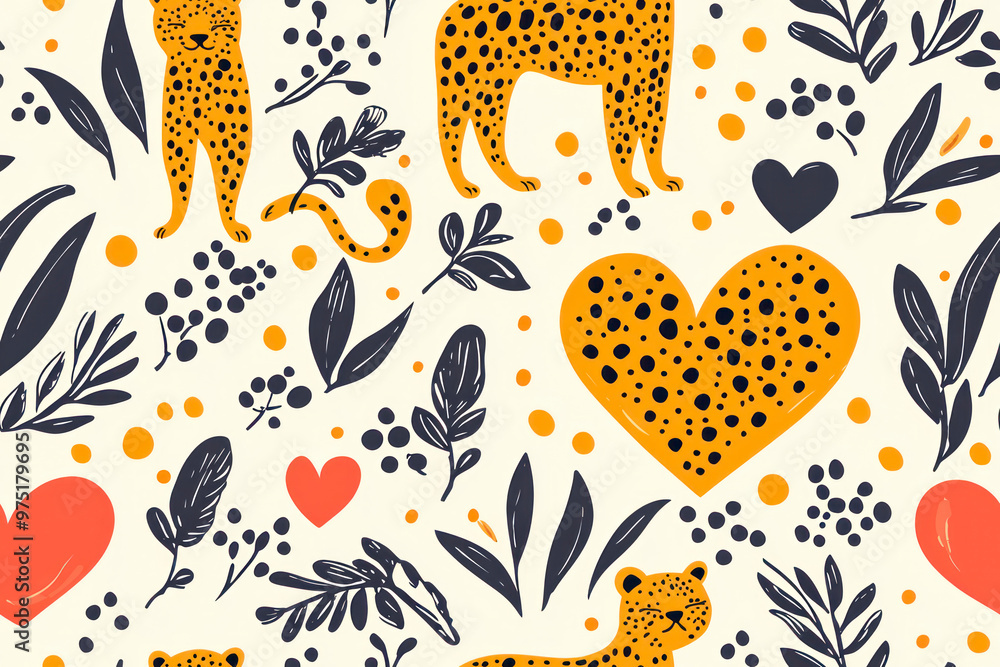 Seamless pattern with hearth and leopard on a colored background. Seamless pattern with hearth and leopard on a colored background.