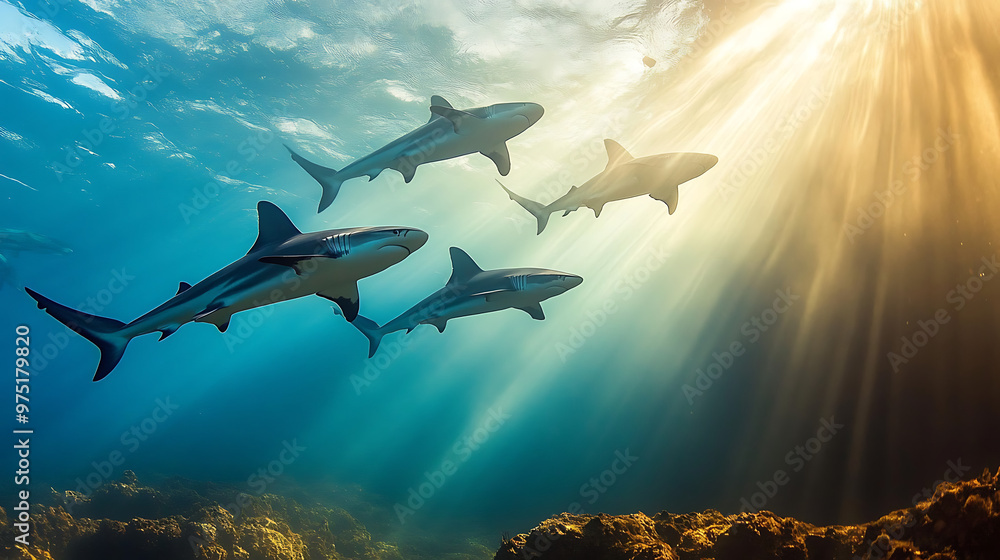 Sharks in Sunbeams: A pack of reef sharks glides through sun-drenched ...