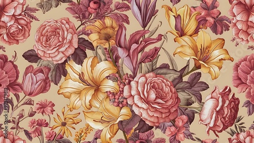 Seamless pattern with flowers, floral illustration in vintage style