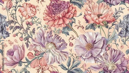 Seamless pattern with flowers, floral illustration in vintage style