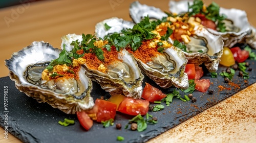 Fresh Oysters on Slate Plate with Herbs and Spices