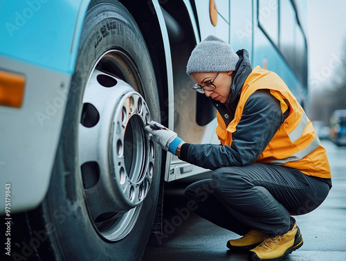 Bus Driver Conducting Safety Check on Vehicle Tire