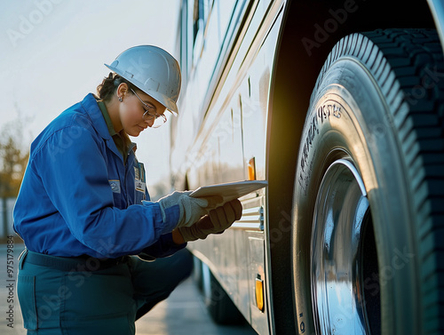 Bus Driver Conducting Safety Inspection of Vehicle Tire