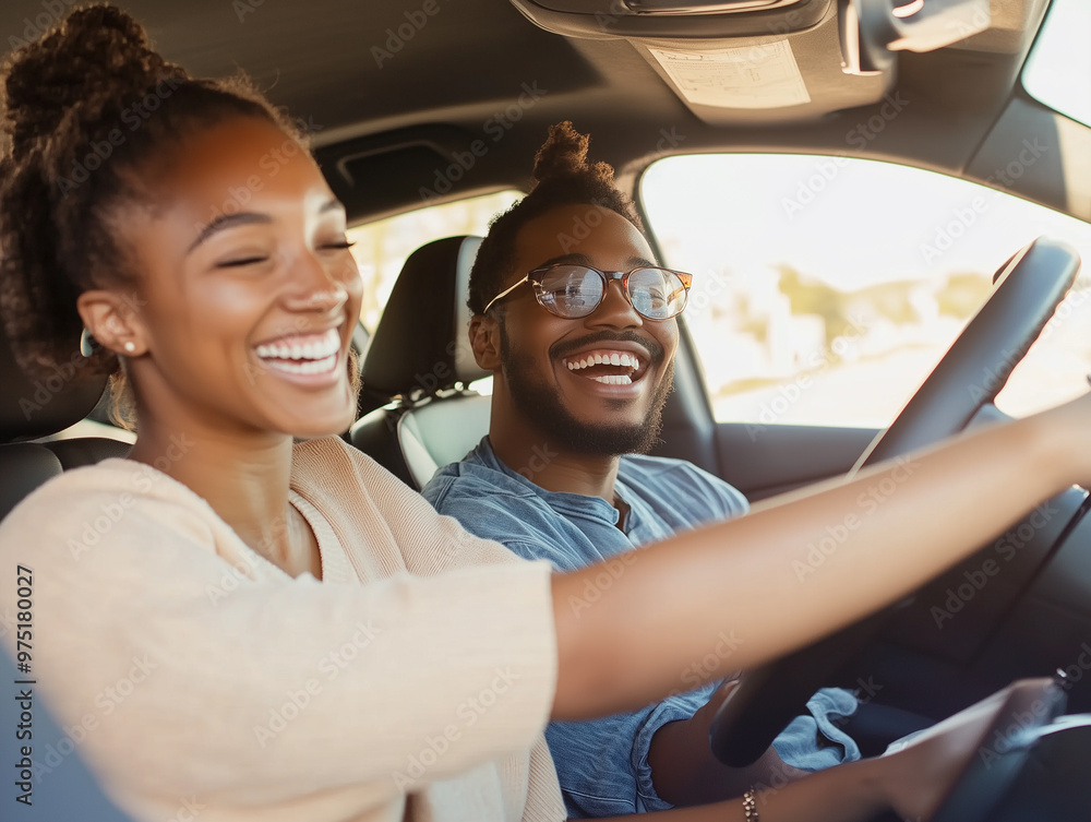 Smiling Friends Enjoying a Joyful Drive Together in a Car Smiling Friends Enjoying a Joyful Drive Together in a Car