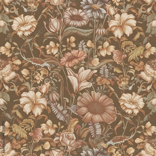 Seamless pattern with flowers, floral illustration in vintage style