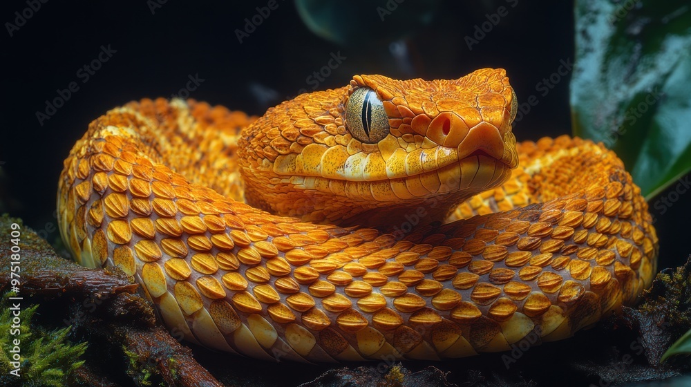 Fototapeta premium A vibrant orange snake coiled among foliage.