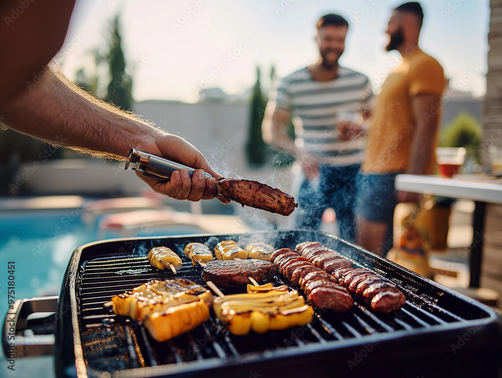 Close-Up of Man Grilling Barbecue and Friends Socializing Outdoors